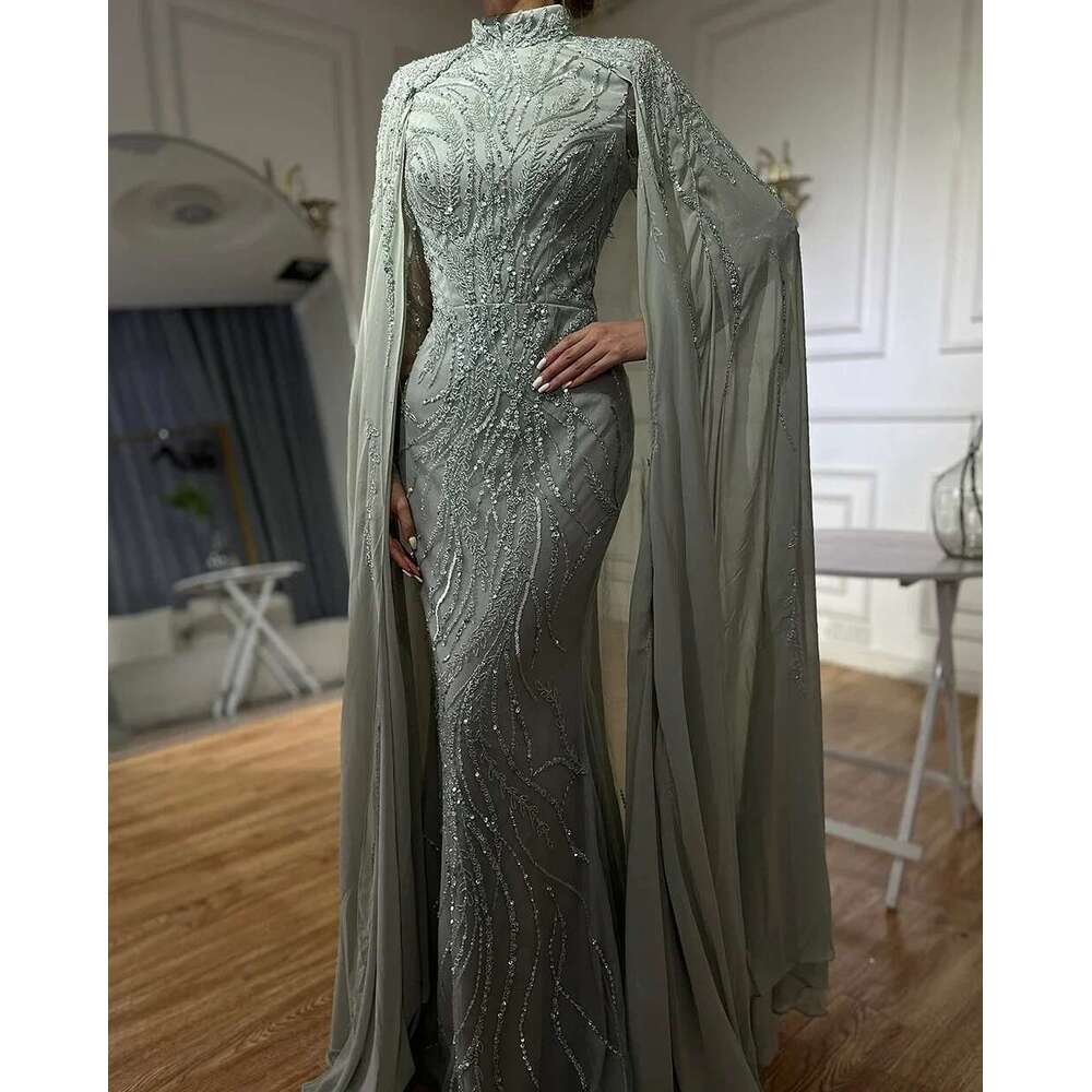 Arabic Saudi Pink Mermaid Evening Dress With Beaded Satin Cape Sleeves For Formal Ocn Customize BLA A mal