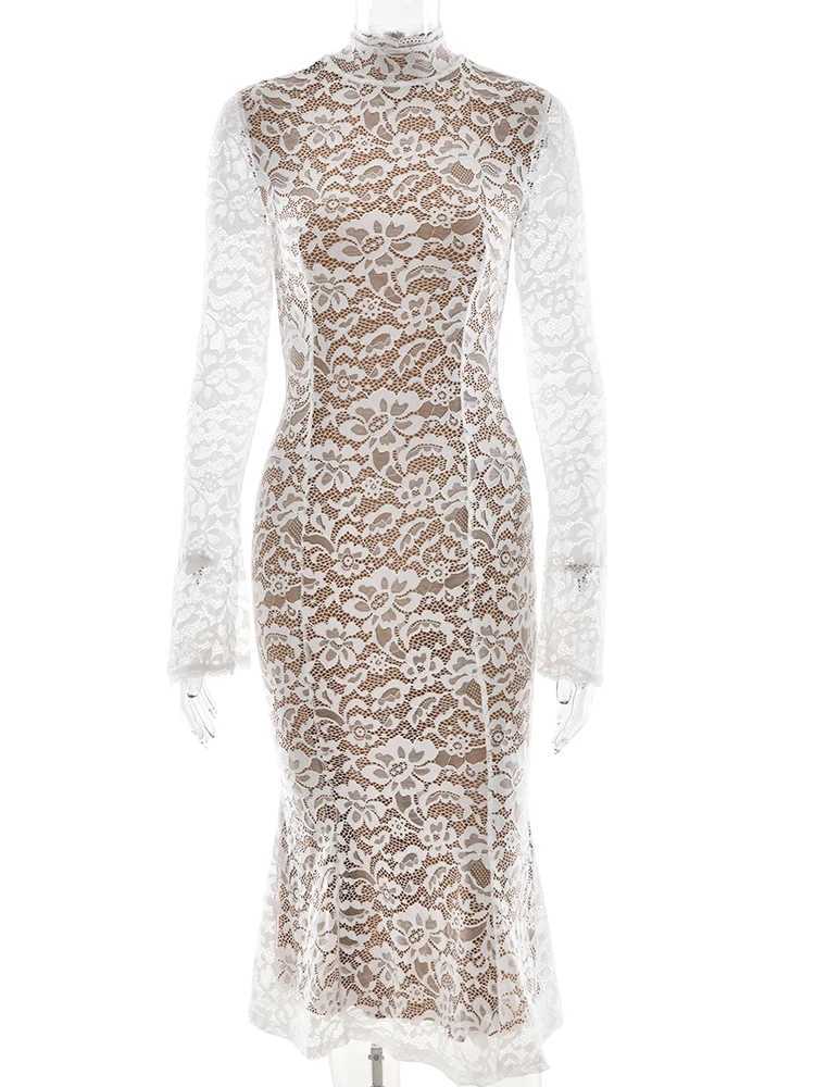 Basic Casual Dresses Fantoye Print Floral Round Neck Lace Women Midi Dress Long Slve Double Layer Dress Female Winter New Elegant Party Outfit 2024 H2