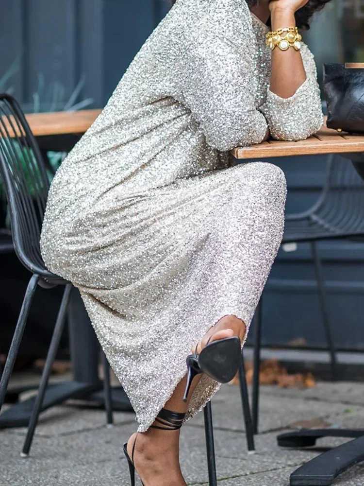 Basic Casual Dresses Women O-neck Thr Quarter Slve Straight Loose Birthday Silver Maxi Dress 2024 Evening Sexy Party Dresses Vestidos H25217