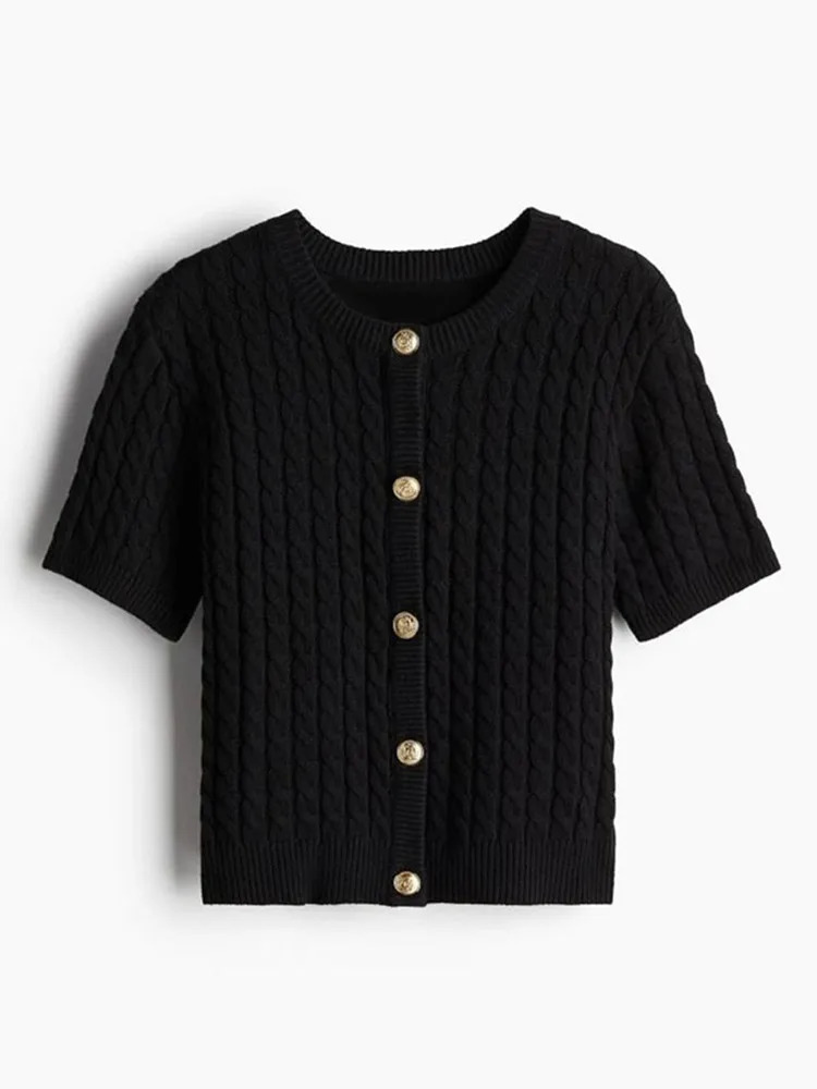 Elegant Knitted Single Breasted Cardigan Women Casual Oneck Short Sleeve Sweater Spring Allmatch Lady Knitwear 250211