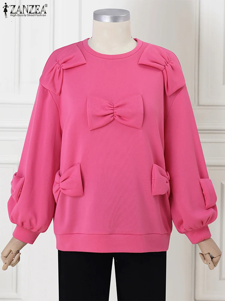 Holiday Autumn Long Sleeve Sweety Tops ZANZEA Women Bowtie Stitching Pullover Fashion Solid Sweatshirt Casual Oneck Hoodie 250213