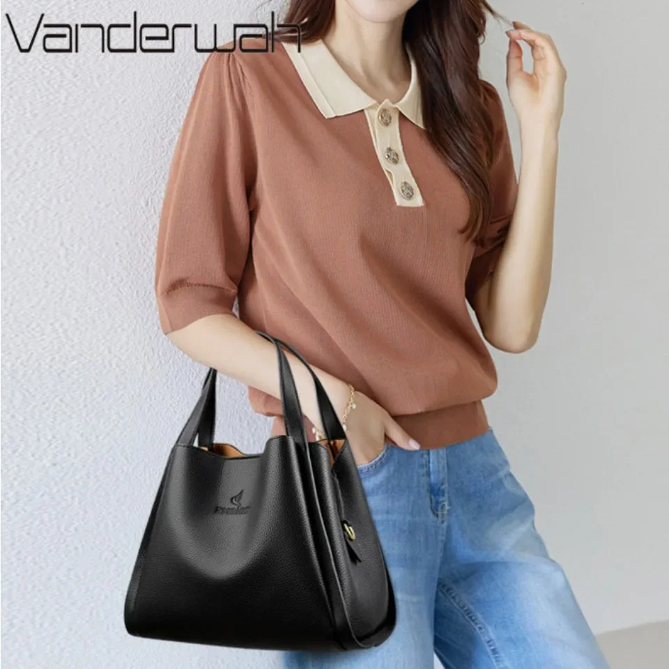 VANDERWAH Genuine Soft Leather Tophandle Bags Female Handbag Shoulder Crossbody Messenger Bag 3 Layer Sac 250206
