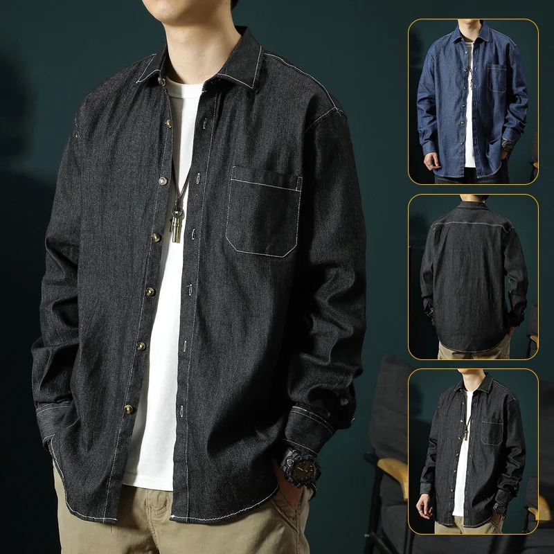 Spring And Autumn Mens Denim Loose Solid Color Big Yards Retro Jacket SingleBreasted LongSleeved Workwear Shirt 250214