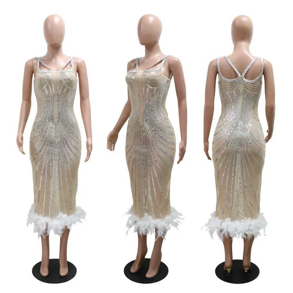 Basic Casual Dresses Women Sequined Feather Strapless High Waist Birthday Bodycon Long Dress 2025 Spring Evening Sexy Party Dresses Vestidos H25217