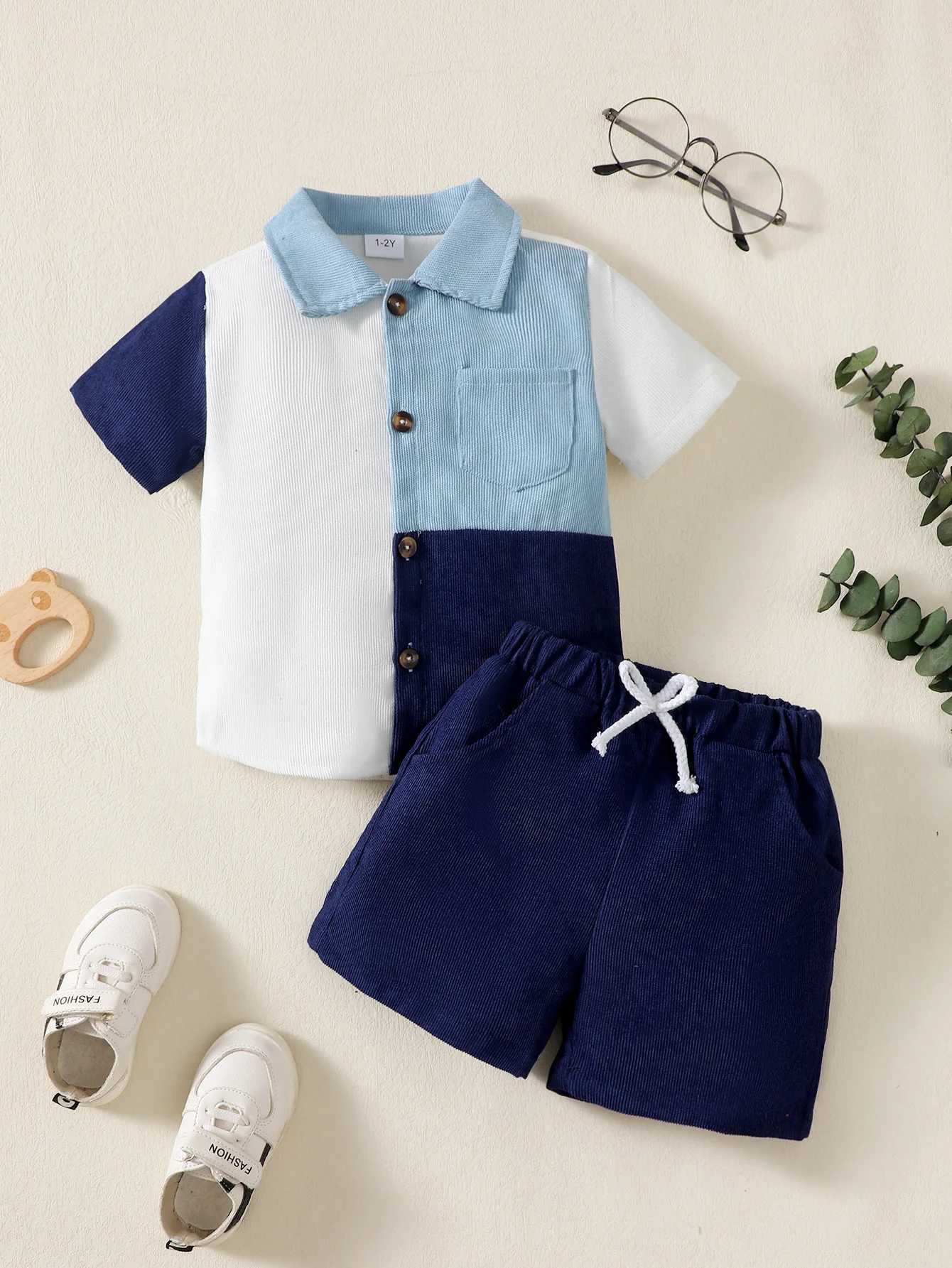 1-6 Year Children Boys Flip collar Color Blocked Pit Stripe Top+Shorts Fashion 2Pcs /set Sunny Handsome Boys Summer Set W250218