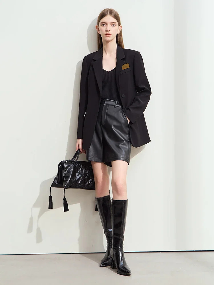 Amii Minimalism Womens Blazers Autumn Lapel Collar Shoulder Pad Fashion Slit Midlength Basic Female Jackets 12443096 250213