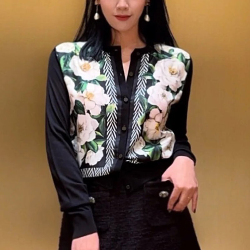 Women's Floral Print Silk Cardigan Fashion Long Sleeve Round Neck Single Breasted Slim Fit Elegant Classic Spring Vacation Style Luxury Designer 