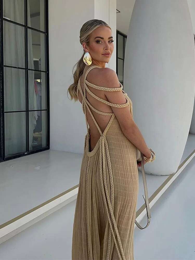 Off Shoulder Hanging Neck Beach Long Dresses Strap Design Hollow Out Sexy Holiday Loose Fashion Tying Summer Women Maxi Dress