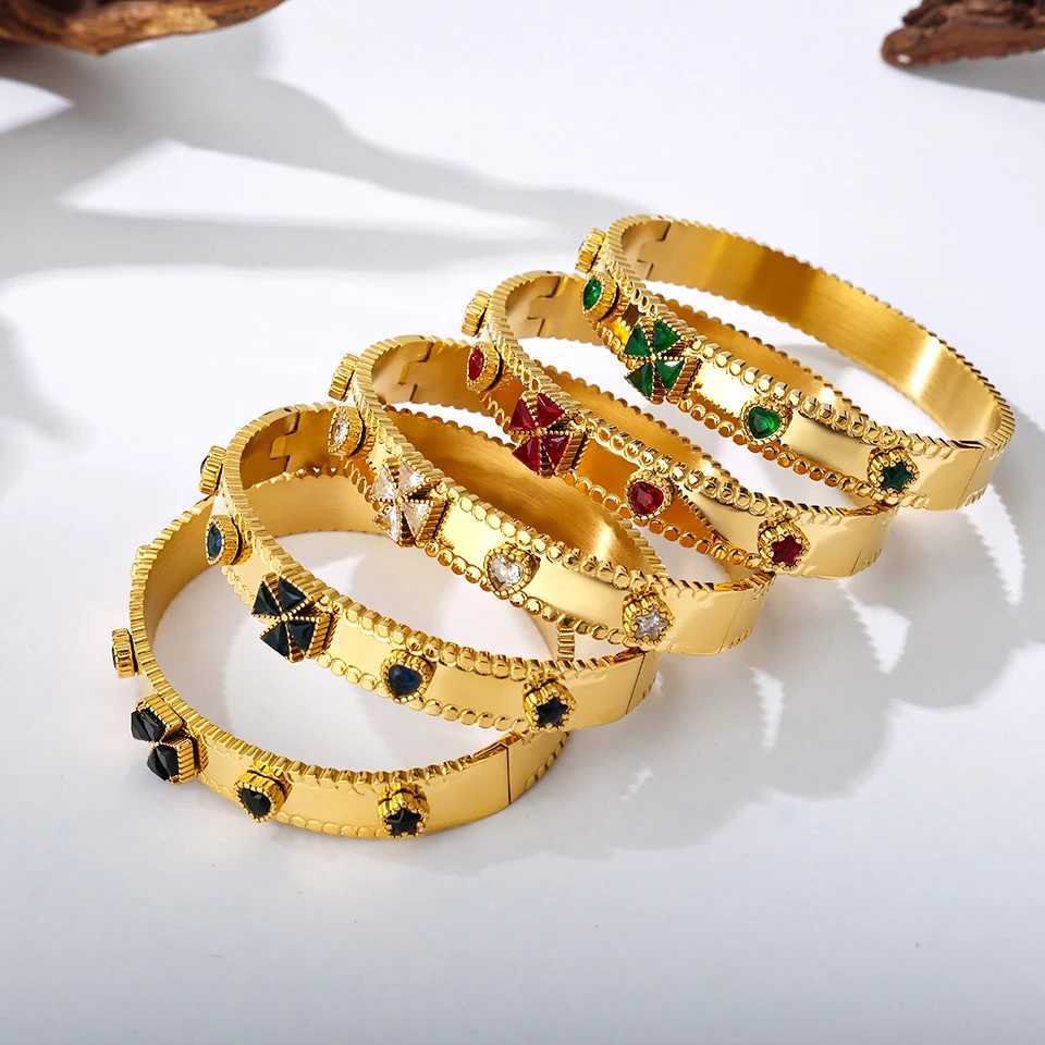 Bangle Multi shaped colored glass stone open bracelet 18k gold-plated stainless steel womens cuff H250217
