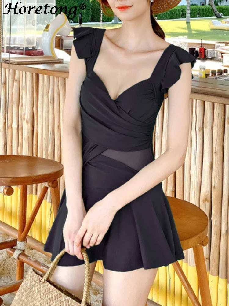 Horetong Women Sexy One Piece Swimsuit Ruffle Sleeve V-neck High Waist Beach Wear New Solid Elegant Swimwear Vacation Suit M250218