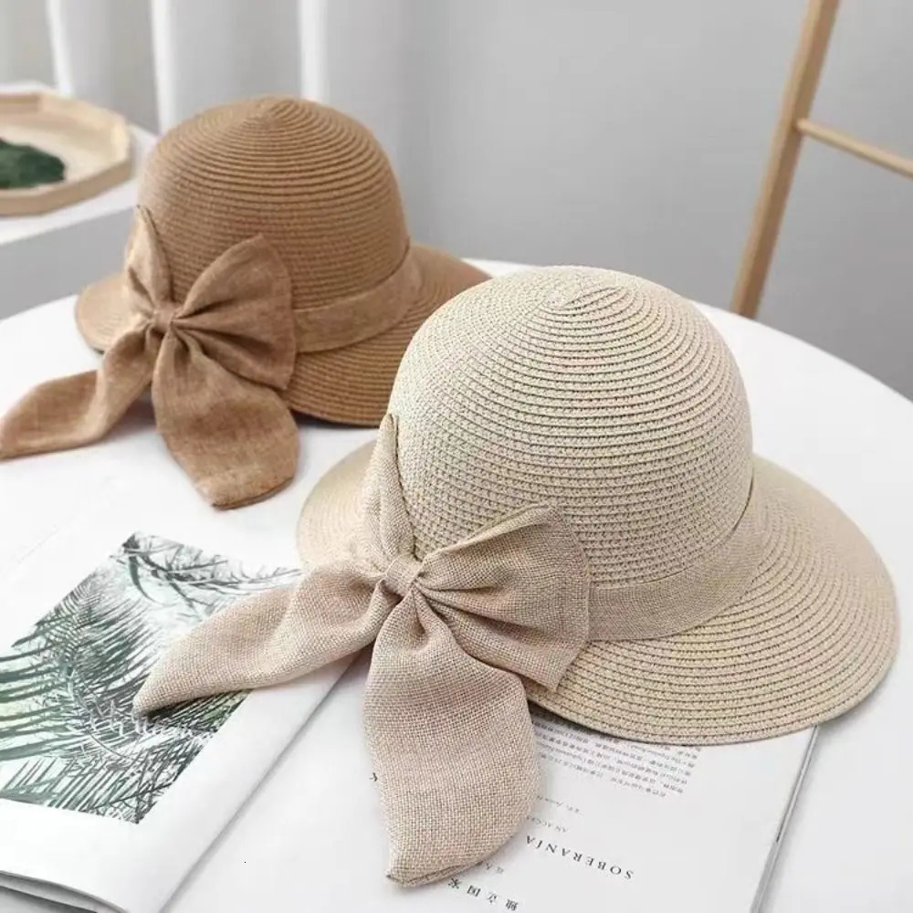 Bowknot Sun Hat Summer Breathable Wide Brim Beach Cap UV Protection Casual Straw Hat for Women 250218