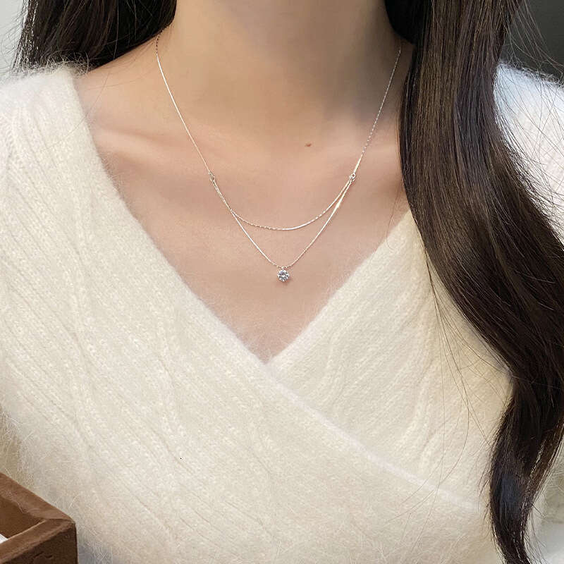 Tiqi S pure sier Korean version ins style single dia collarbone women's simple and exquisite double-layer snake bone chain necklace