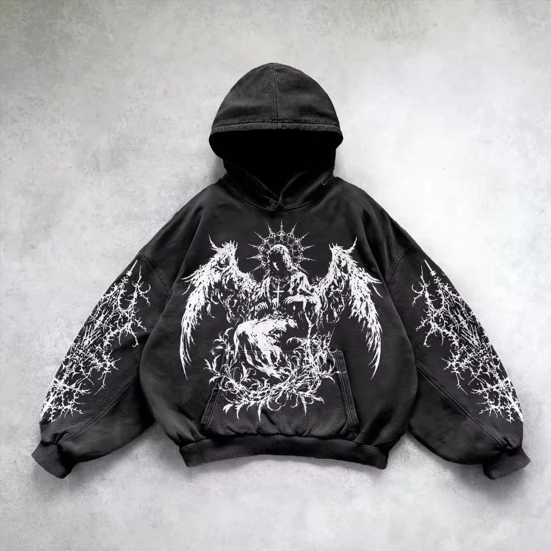 Retro Gothic Graphic Print Hip Hop Hoodie for Men Y2k Grunge Punk Casual Loose Pullover Women Streetwear Sweatshirt Hoodies 250217