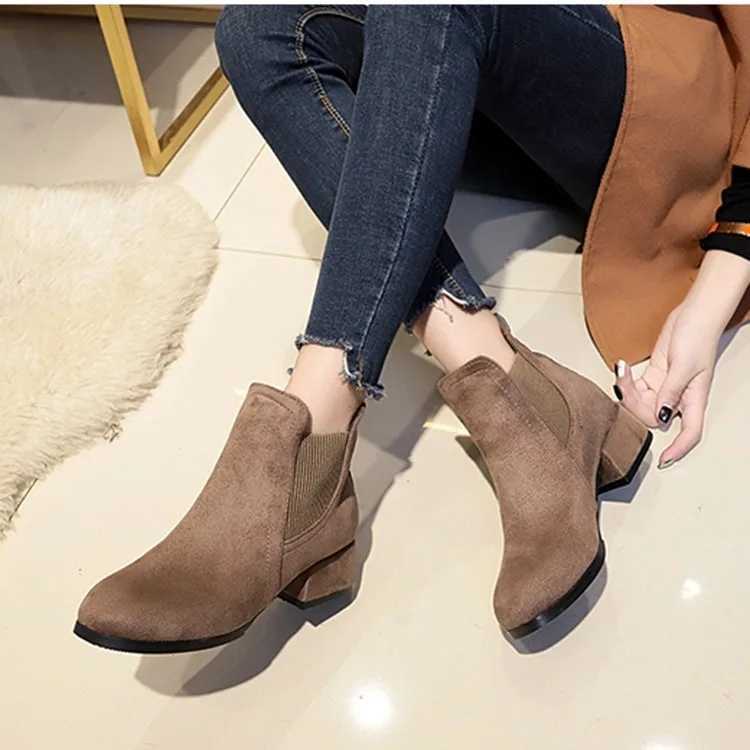 Women Ankle Boots Autumn Winter Boots Slip- Round Toe Square Heel Solid Casual Black Camel BootiesXJ250217