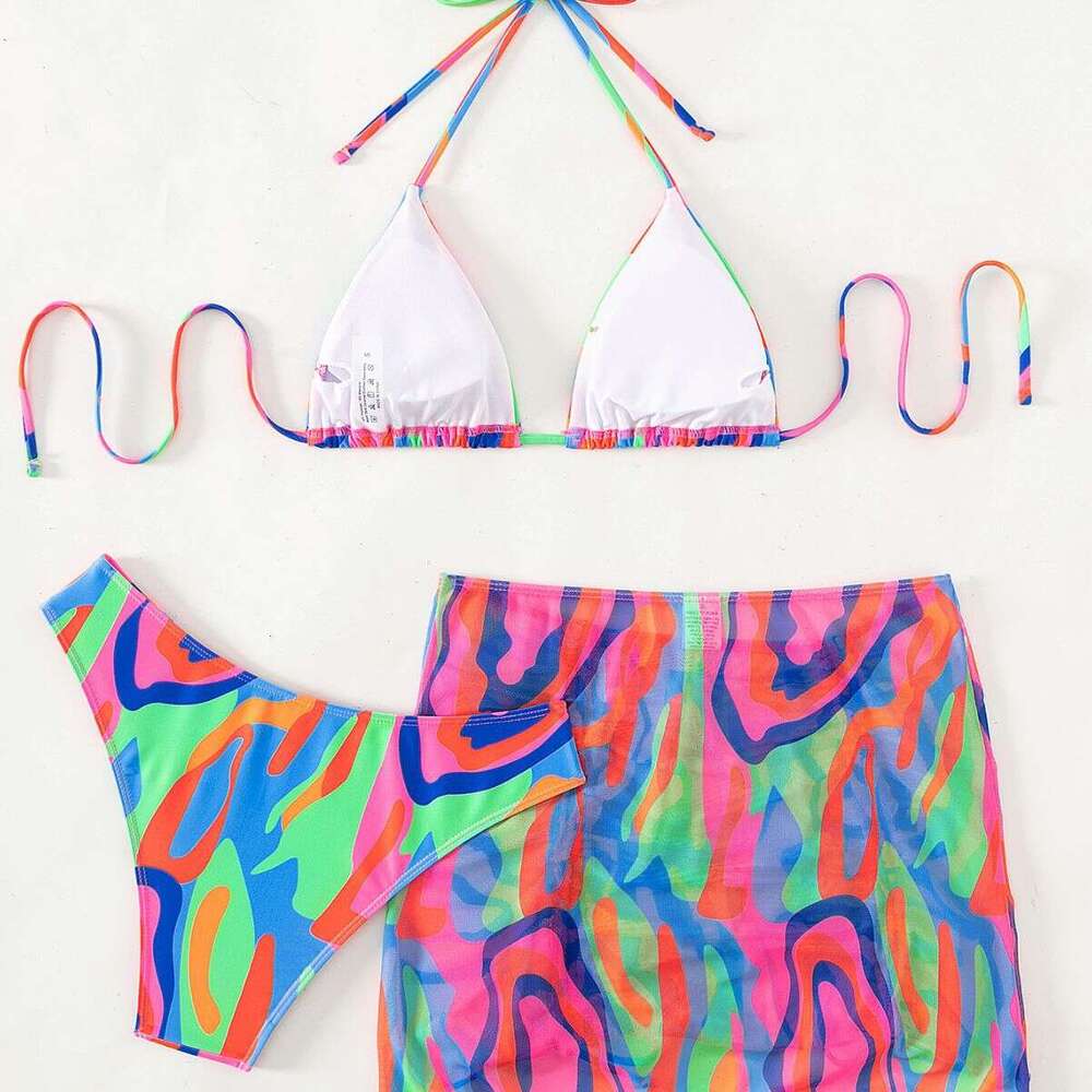 Colorful Sexy Mesh Three Piece Split Bikini Swimsuit for Women 2025 New Casual Fashion Trendy Clothing