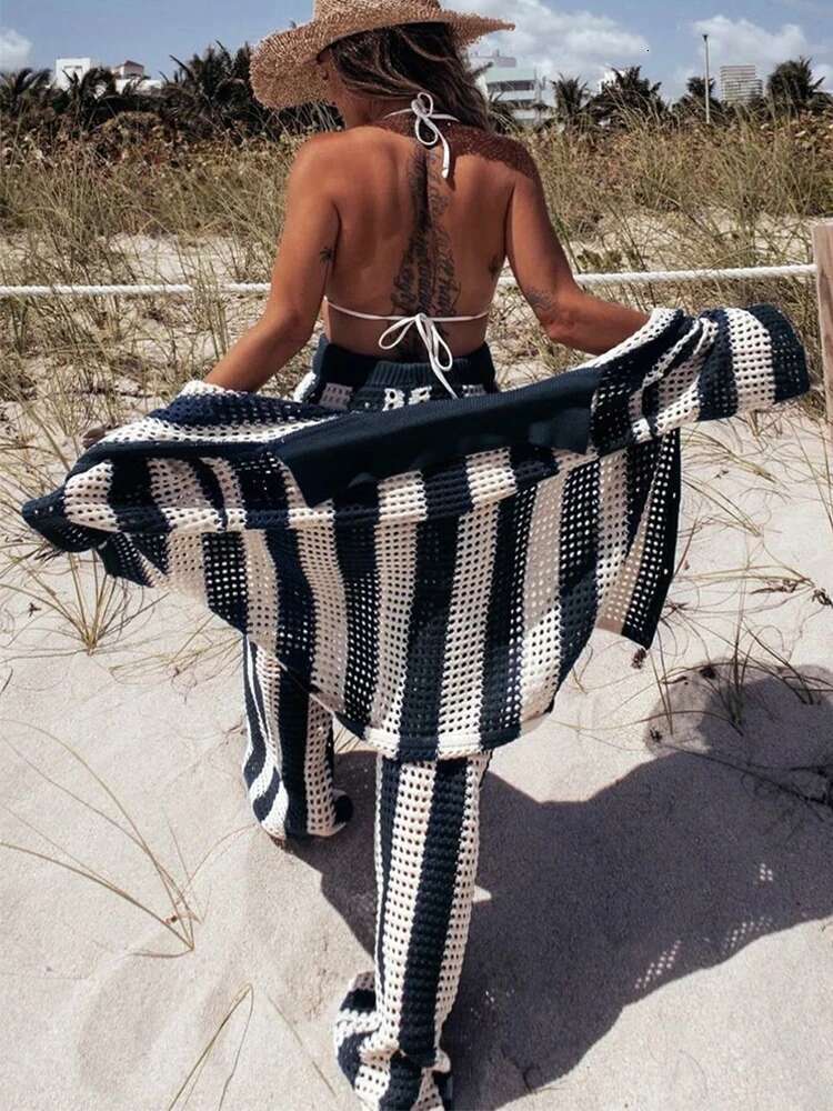 Women's Crochet Knitted Sets Summer Beach Suits Casual Loose Cardigan Tops And Pant Beachwear 2 Piece Set