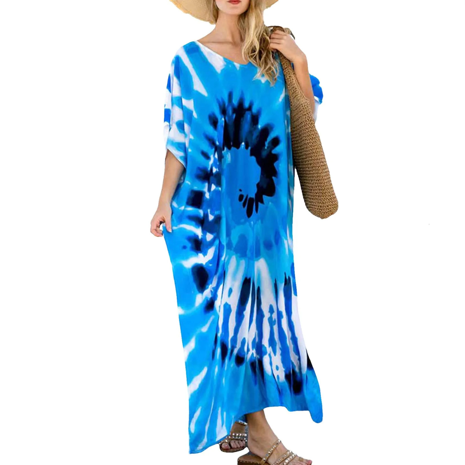 Bohemian Maxi Dresses Summer Kaftan Loose Fit Dress V-Neck Batwing Sleeve Loose Dress For Women Beach Cover Up Dresses 250213