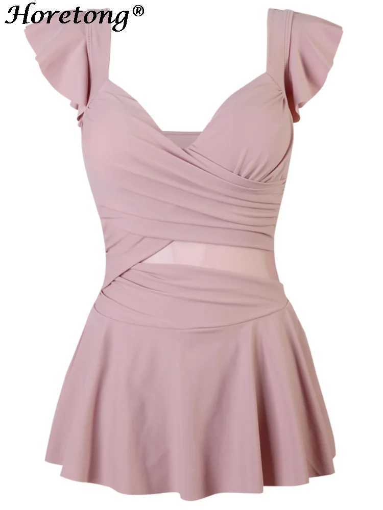 Horetong Women Sexy One Piece Swimsuit Ruffle Sleeve V-neck High Waist Beach Wear New Solid Elegant Swimwear Vacation Suit M250218