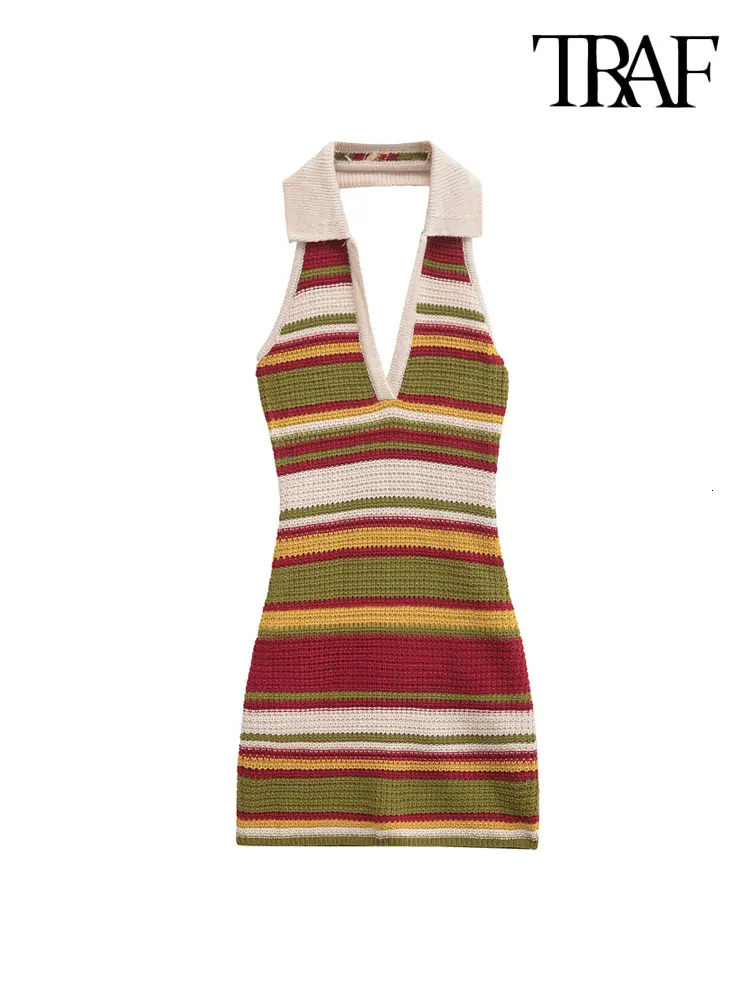 TRAF-Womens Striped Crochet Knit Mini Dress Backless Halter Neck Female Dresses Sexy Fashion 250217