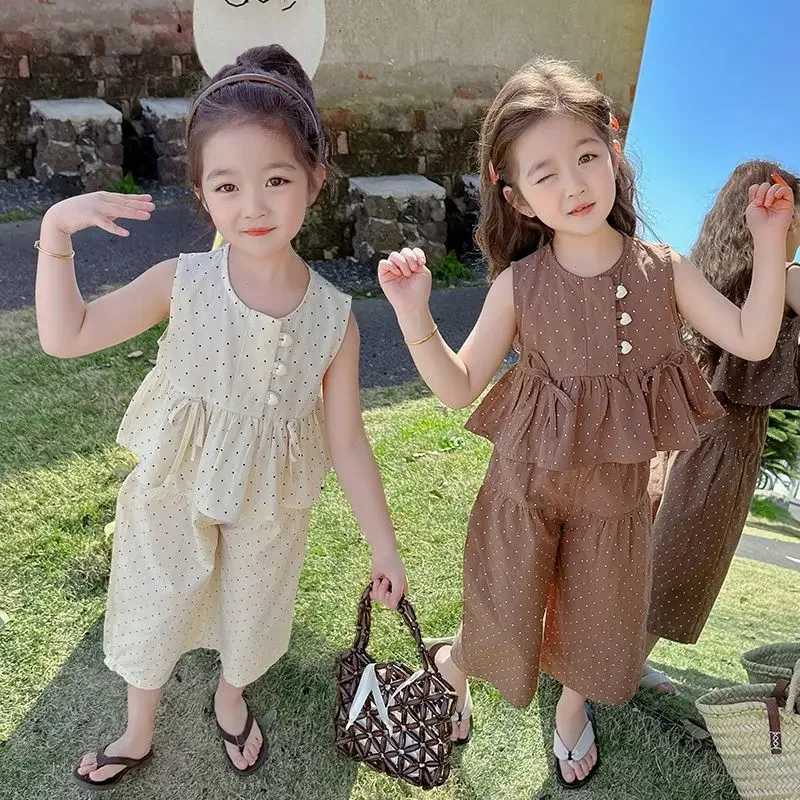 Baby girl casual clothing summer sleeveless polka dot top+wide leg pants set with bow and Burton 2PCS set childrens clothing W250218