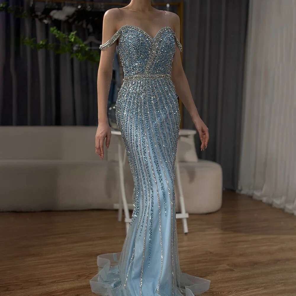 Prom Blue Mermaid Gown Beaded Saudi Evening Dress For Formal Ocn Customize BLA A mal