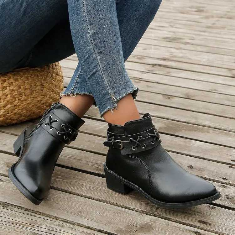 Women Ankle Boots Autumn Winter New Pu Leather Short Boots Woman Side Zipper Thick Heeled Leather Boots Pus Size 2024XJ250217