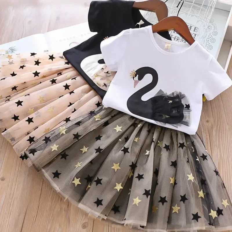 Kid Girl Clothes Swan Lace T-shirt+Star Tulle Skirt 2Pcs Set Baby Outfit Casual Girls Suit Fashion Two-Piece W250218