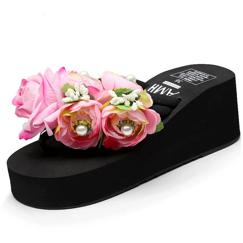 Platform Sandals 2024 Summer Fashion Women Flip Flops Wedge Beach Slides Flower Pearl Ladies Outside Thick Sole Bohemian Sandals 250217