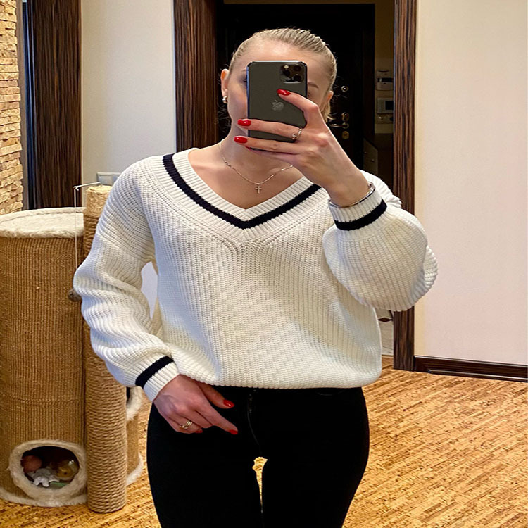 Autumn Winter Casual Splicing Color Contrast Thin Loose Long Sleeve Womens Sweater