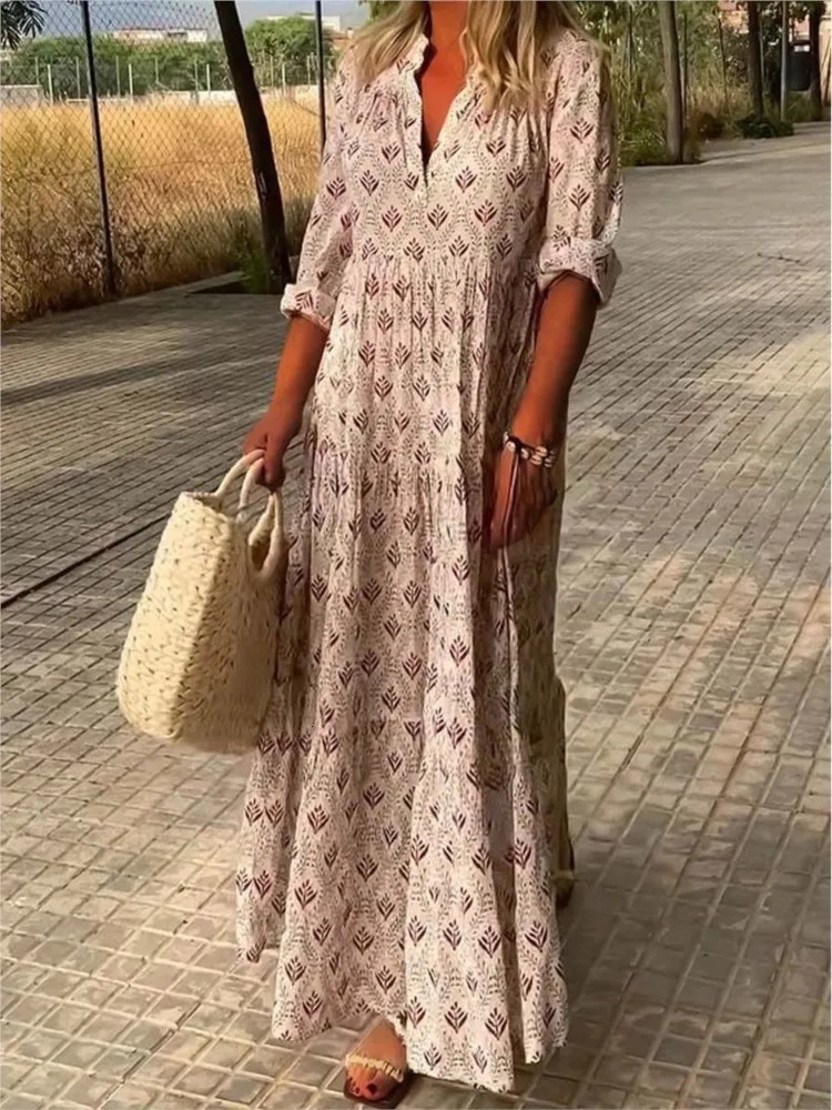 Womens Fashion Bohemian Printed Long Skirt Autumn Long Sleeve V-neck Retro Dress Casual Loose Holiday Comfortable Dress Womens Robe 250213