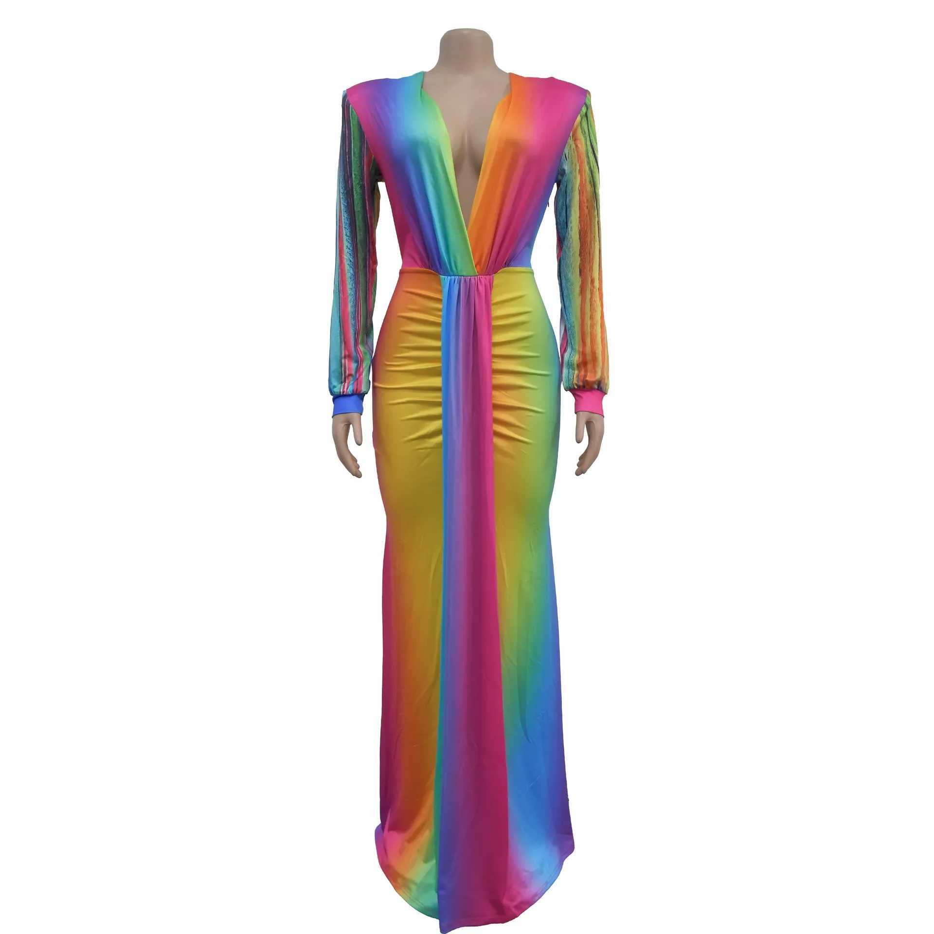 Basic Casual Dresses Summer Holiday Full Slve V-Neck Long Maxi Dress Strt Ruched Women Gradient Print Party Night Evening Vestido Dresses H25217