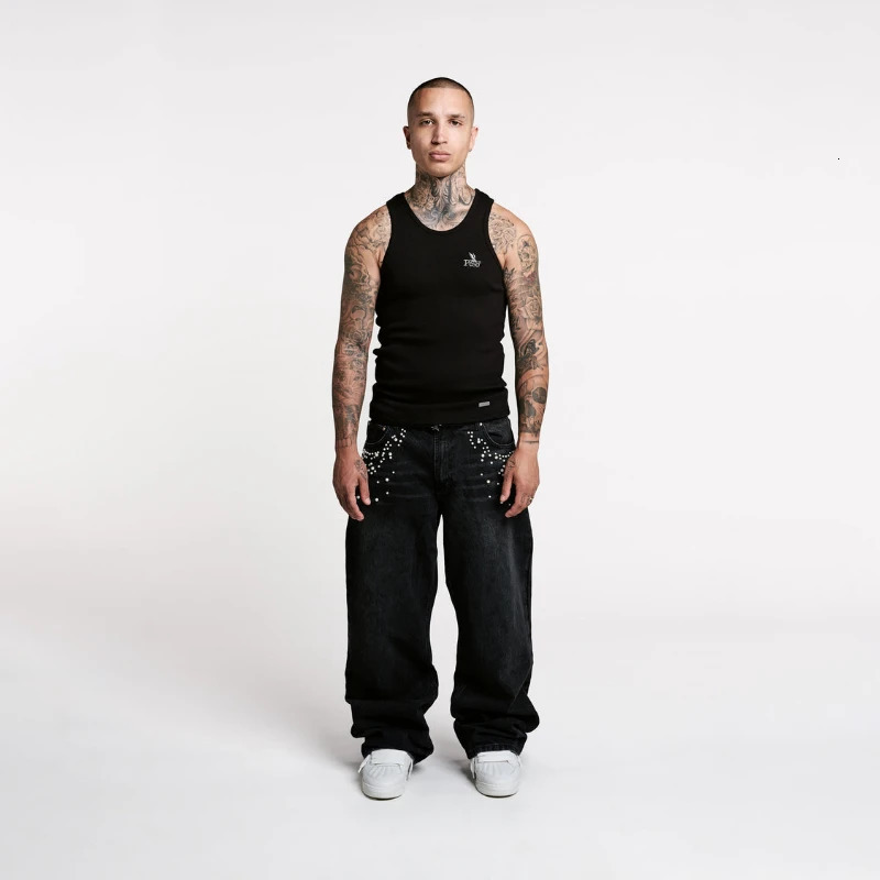 Y2K Pearl Baggy Jeans Solid Color Washing Front Pocket Decoration Men Women Streetwear Harajuku Retro High Street Straight Pants 250217