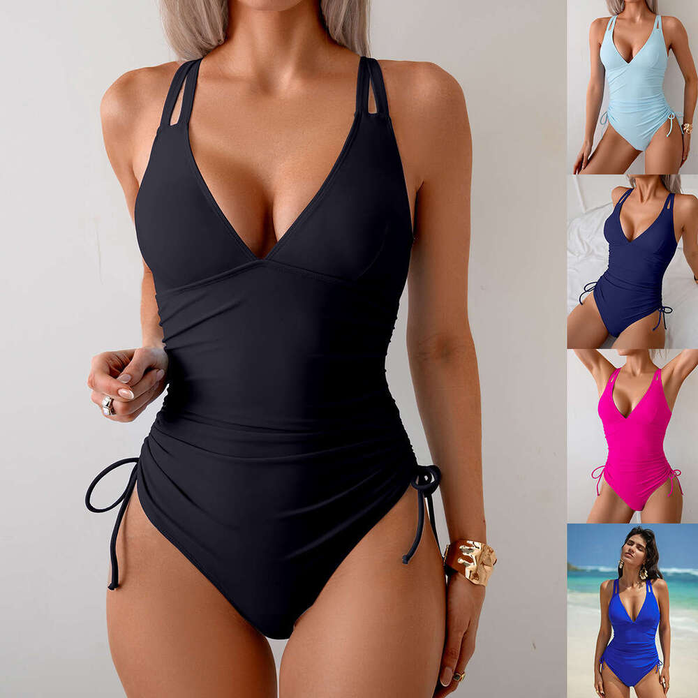 Women's one-piece European and American solid color swimsuit bikini factory wholesale 2025 temperament versatile new trend clothing ins