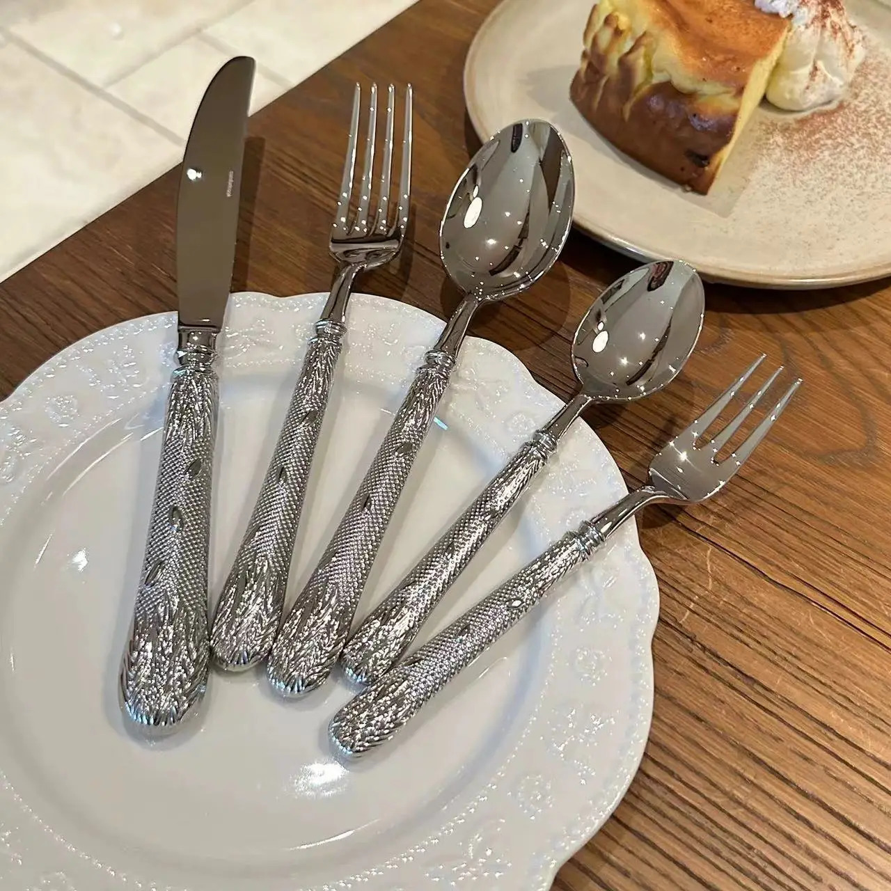 5Pcs Highgrade 304 stainless steel west tableware forging wheat ear knife fork spoon thick set 250212