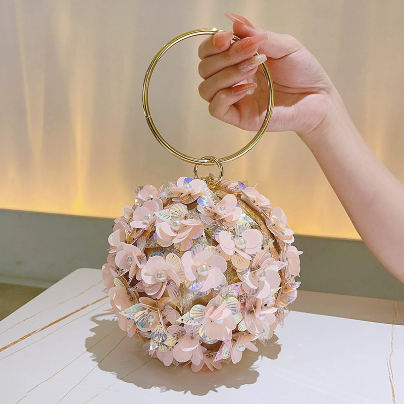 Floral Accented Round Bag with Strap Detail - Perfect Combination of Fashionable Shoulder Messenger & Evening Clutch