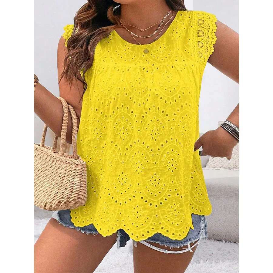 2024 New Fashion Plus Size Shirt Sleeveless Hollow Solid Color Round Neck Lace Simple Versatile Casual T-Shirt Top