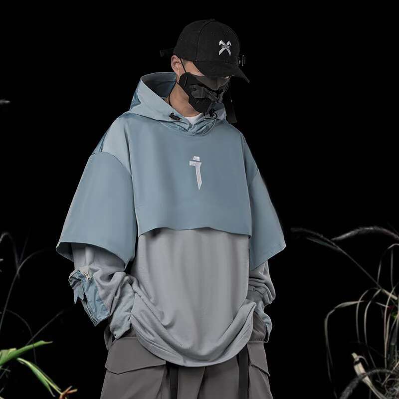 11 BYBB'S DARK Fake two Pieces Hoodie Techwear Men 2022 Embroidery Pullover Sweatshirts Patchwork Hip Hop Streetwear Hoodies