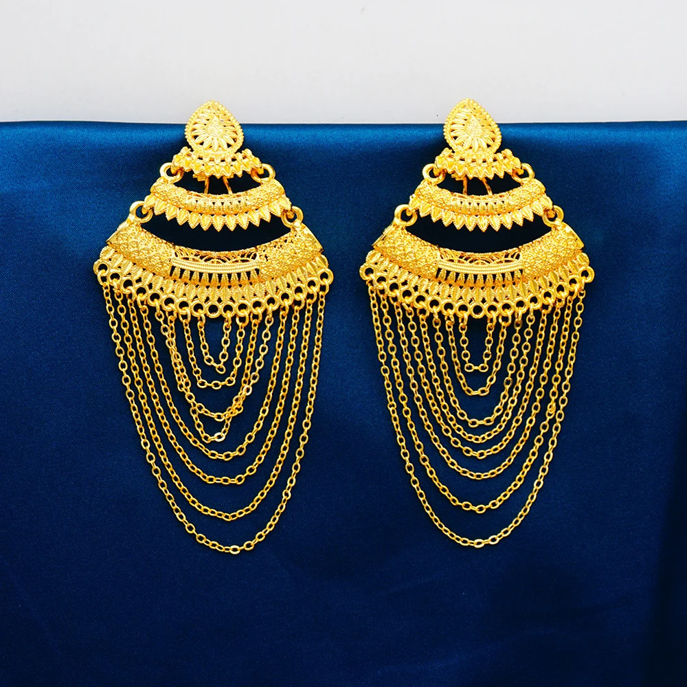y African Gold Color Tassel Drop Dangle Earring For Wedding Party Jewelry Dubai Arabic Indian Copper Long Hanging Earrings 250213