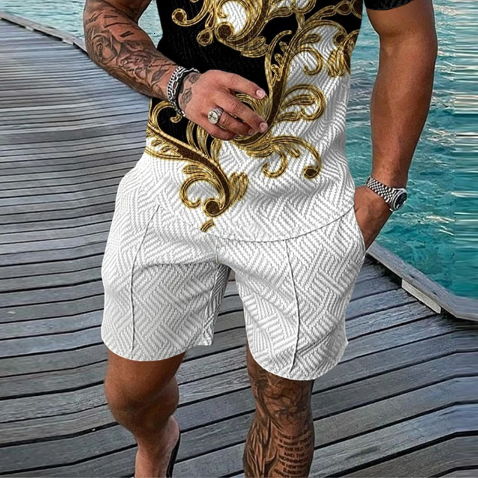Mens Printed Shirt Sets Pullover Tops Short Pants Summer Beach Casual Mens Shorts Two Piece Outfits Fashion Sets Clothing 250217