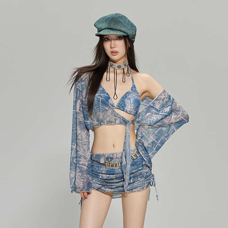 Swimsuit Women 2025 New Denim Spicy Girl Tie Dye Sexy Split Bikini Four Piece Set Slimming Soak Hot Spring Vacation Bathing Suits Designer Thong New P