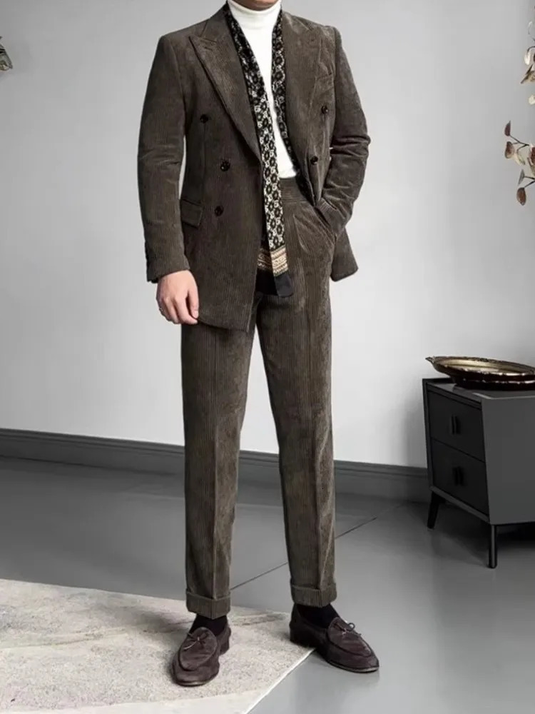 Retro office mens suit mens double chest Corduroy suit jacket slim fit pants two-piece set 250213