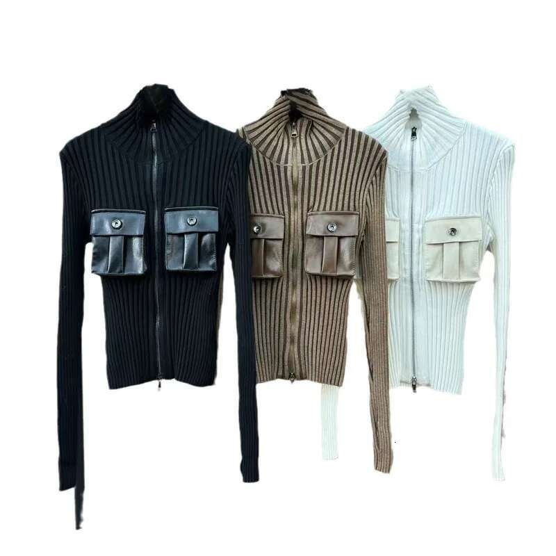 DEAT Women's 3D Pockets Splicing Zipper Design Knit Cardigan 2024 Winter Stand Collar Long Sleeves Tops Female Trendy