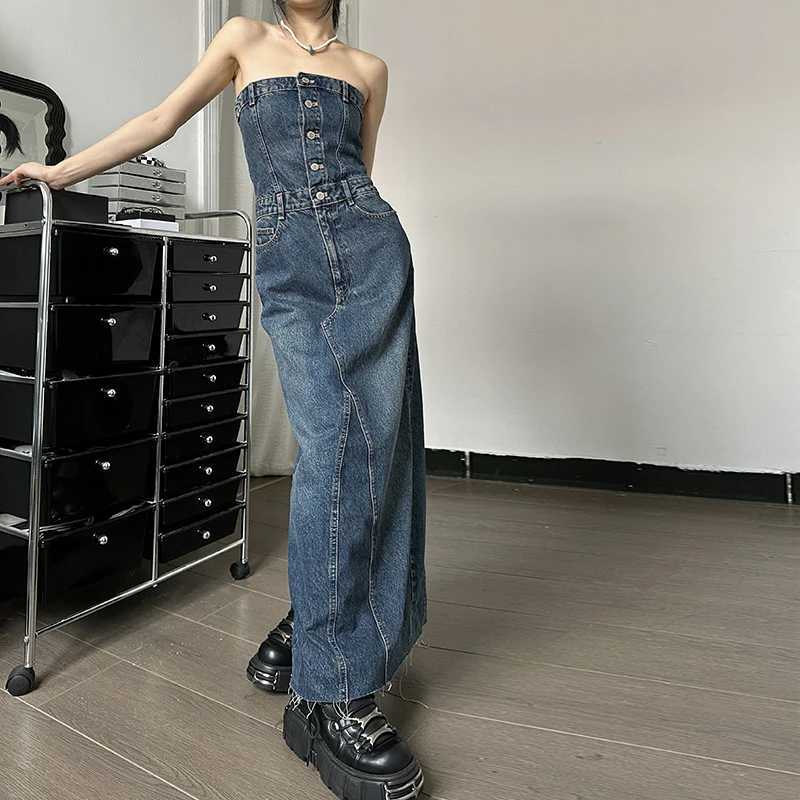 Basic Casual Dresses Lygens Denim Strapless Buttons Stretchy Slim Slit Long Dress Casual Fashion Strtwear Summer Vacation Daily Party Women Clothes H2