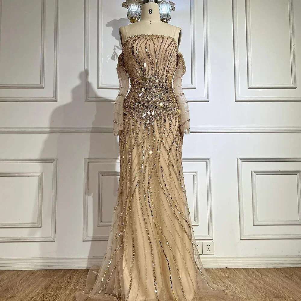 Gold Arabia Mermaid Beaded Off Shoulder Dubai Evening Dresses Gowns Evening Party Customize