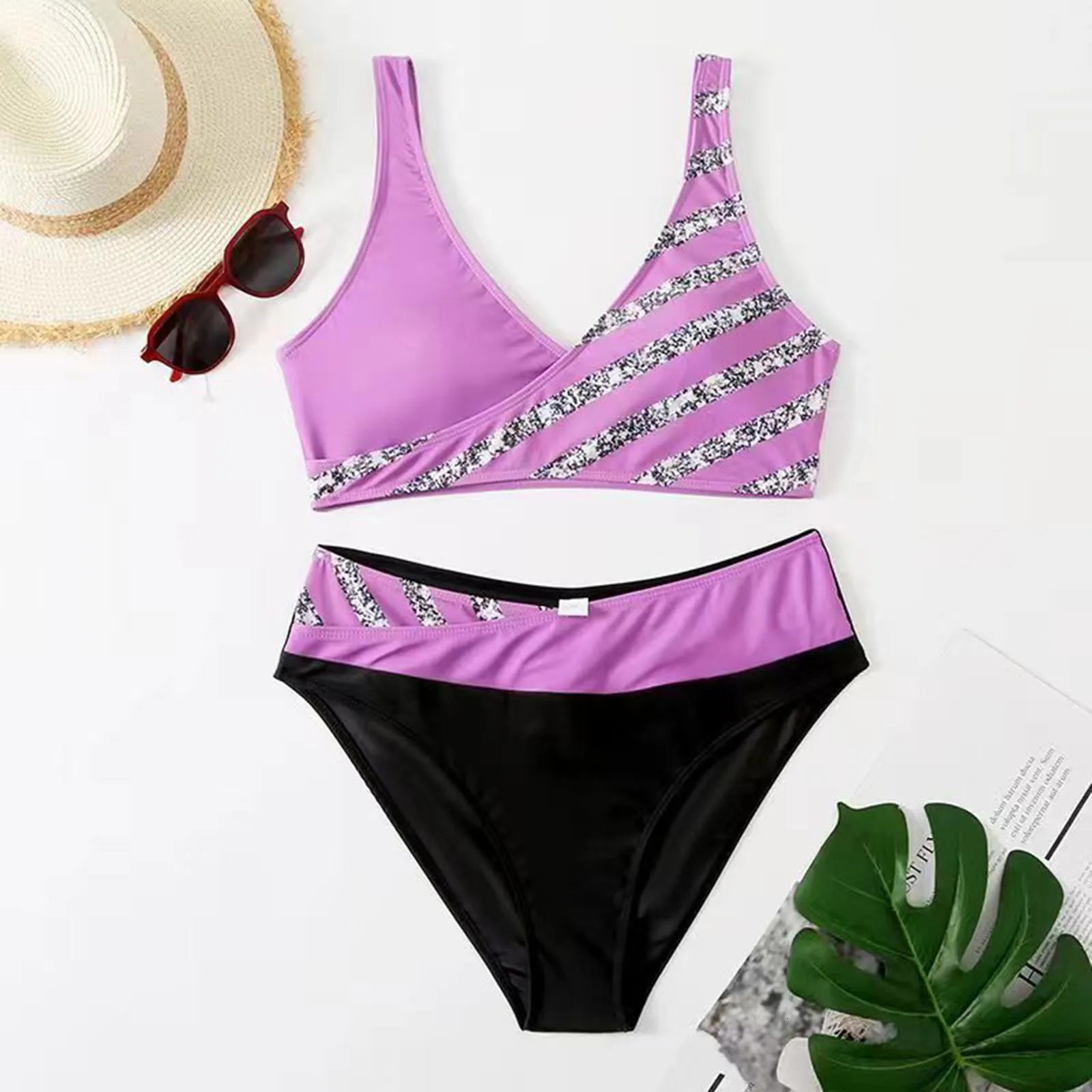 Women Shiny Print 2pcs Tankinis Set Push Up Bra High Waist Beachwear Summer Sexy Split Swimsuit Beach Bathing Suit 250213