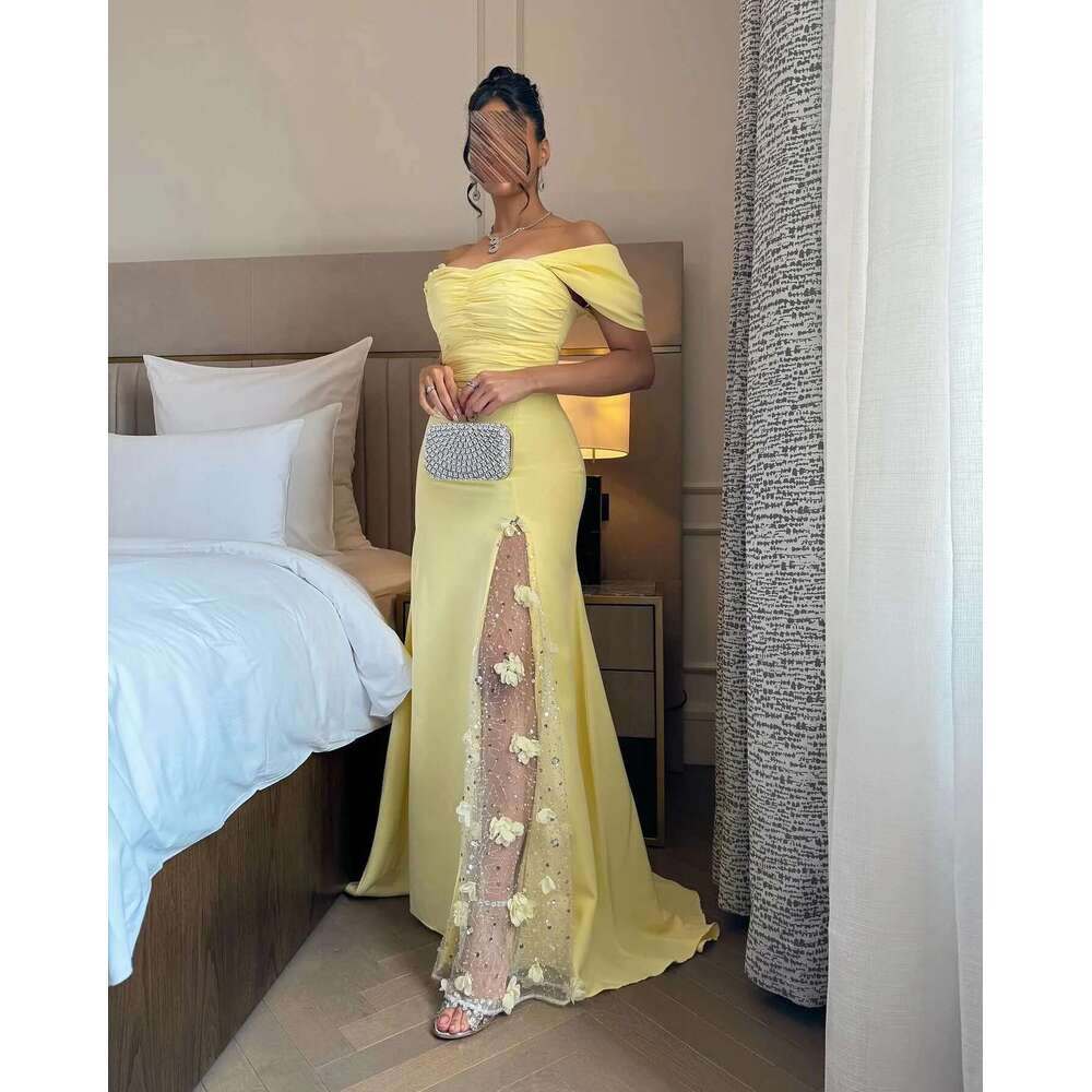 Shoulder Off Prom Dresses Yellow Wers Pleated Evening High Split Or Length Saudi Arabia Party Dress Customized