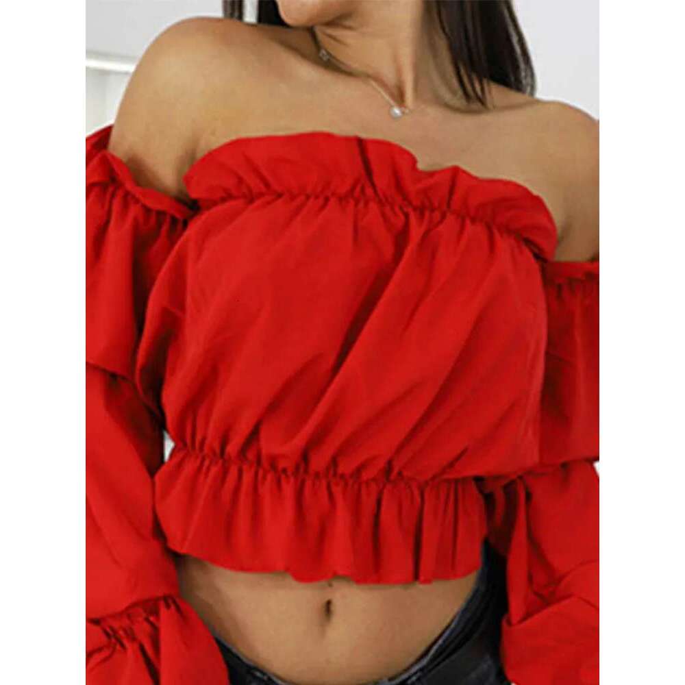 2024 Candy Color Off Shoulder Crop Tops Women Summer Dot Print Lantern Sleeve Shirts Lady Sexy Slash Neck Beach Blouse