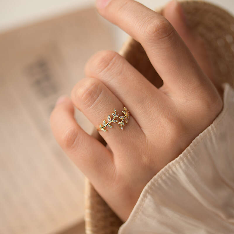 Tiqi pure silver small fresh and sweet temperament ring with leaf design, open mouth ring, forest style girl's touch hand accessory