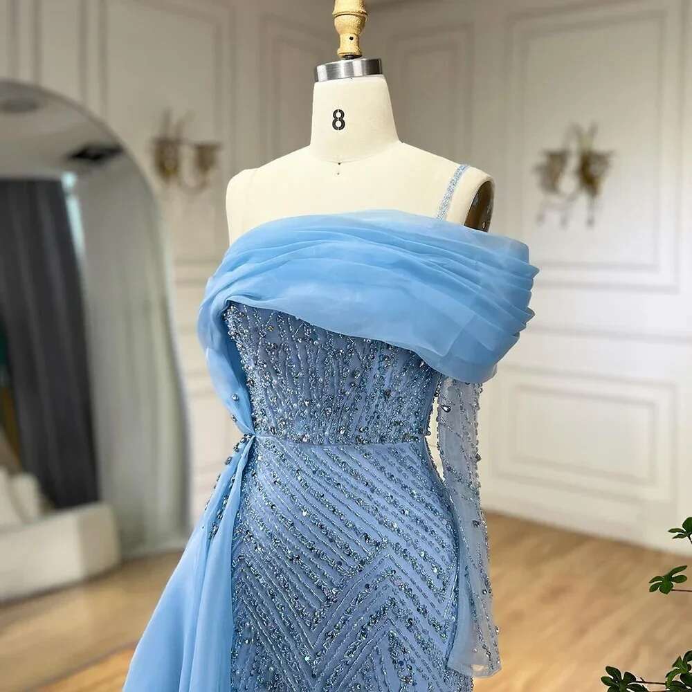 Arabic Blue Mermaid Elegant One Shoulder Evening Dresses Gowns Beaded Party Customize BLA