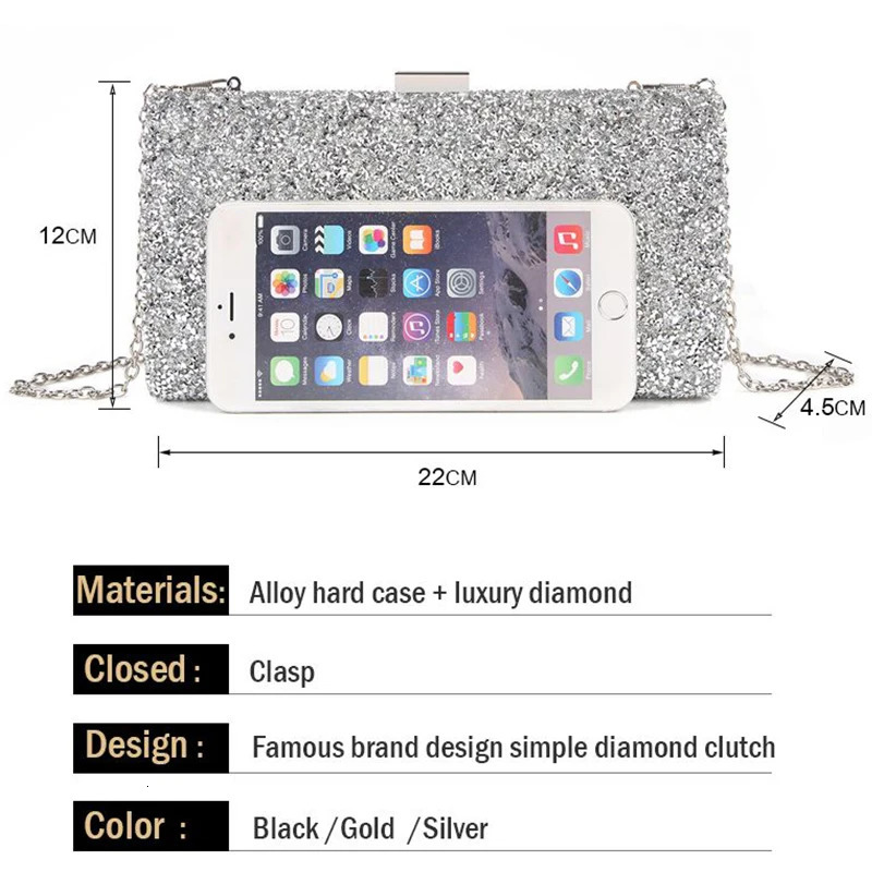 Women Evening Clutch Bag Diamond Sequin Wedding Purse and Handbag Party Banquet Black Gold Silver Two Chain Shoulder 250213